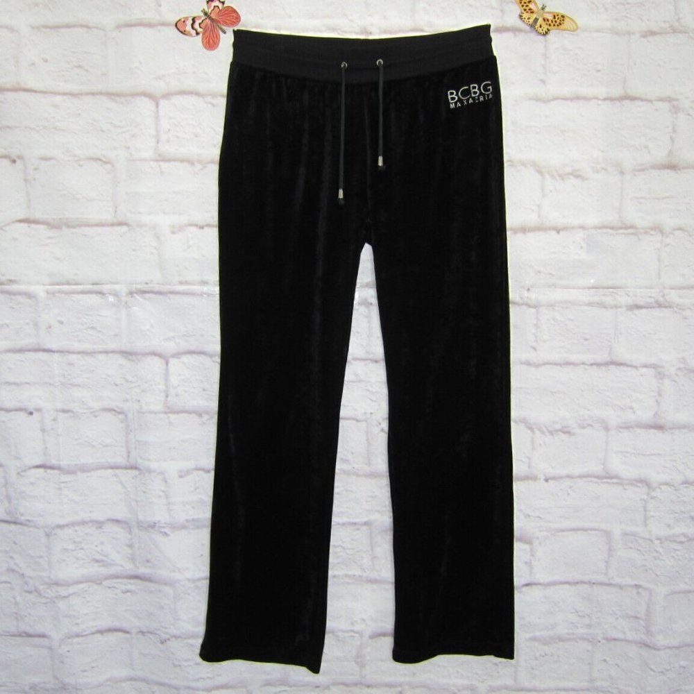 BCBG Sweatpants size L Black 90s Y2K Velour Terrycloth Logo Flap Pockets Studded